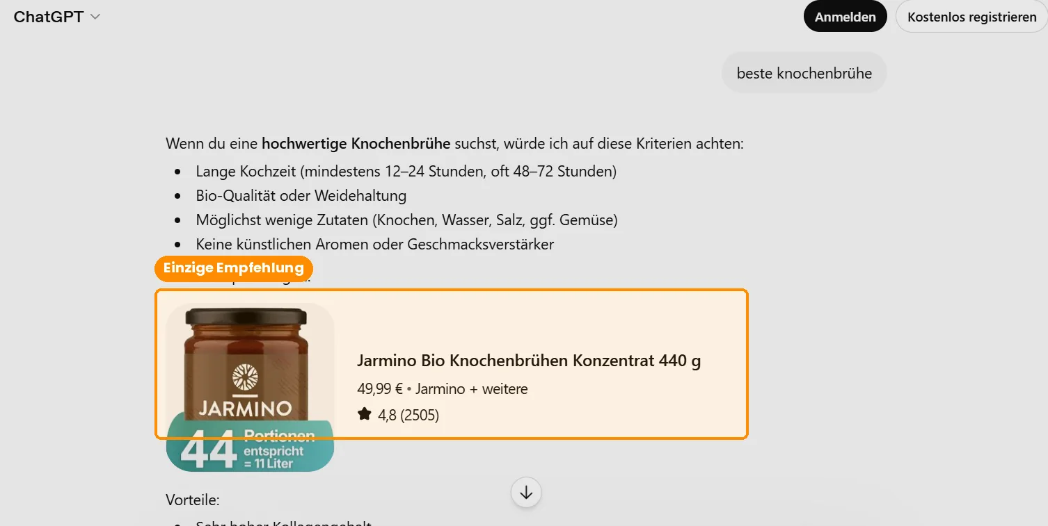 ChatGPT-Antwort auf „beste knochenbrühe“, markiert: Jarmino als einzige Produktempfehlung