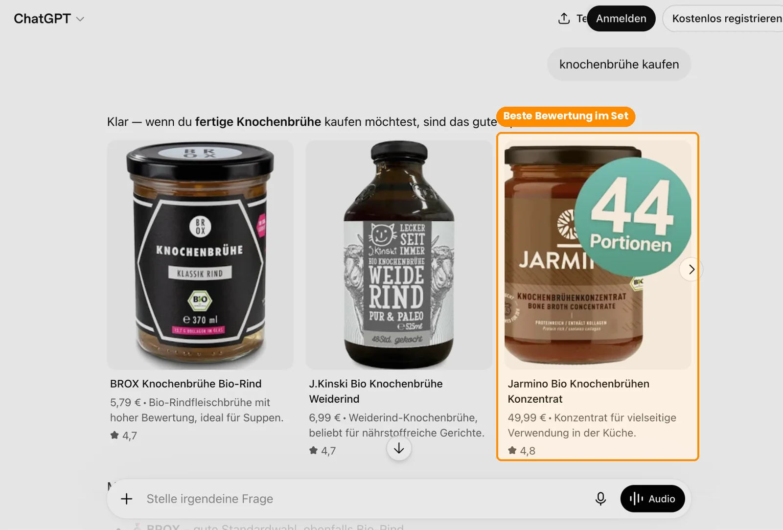 ChatGPT-Produktkarussell zu „knochenbrühe kaufen“, markiert: Jarmino mit der besten Bewertung im Set