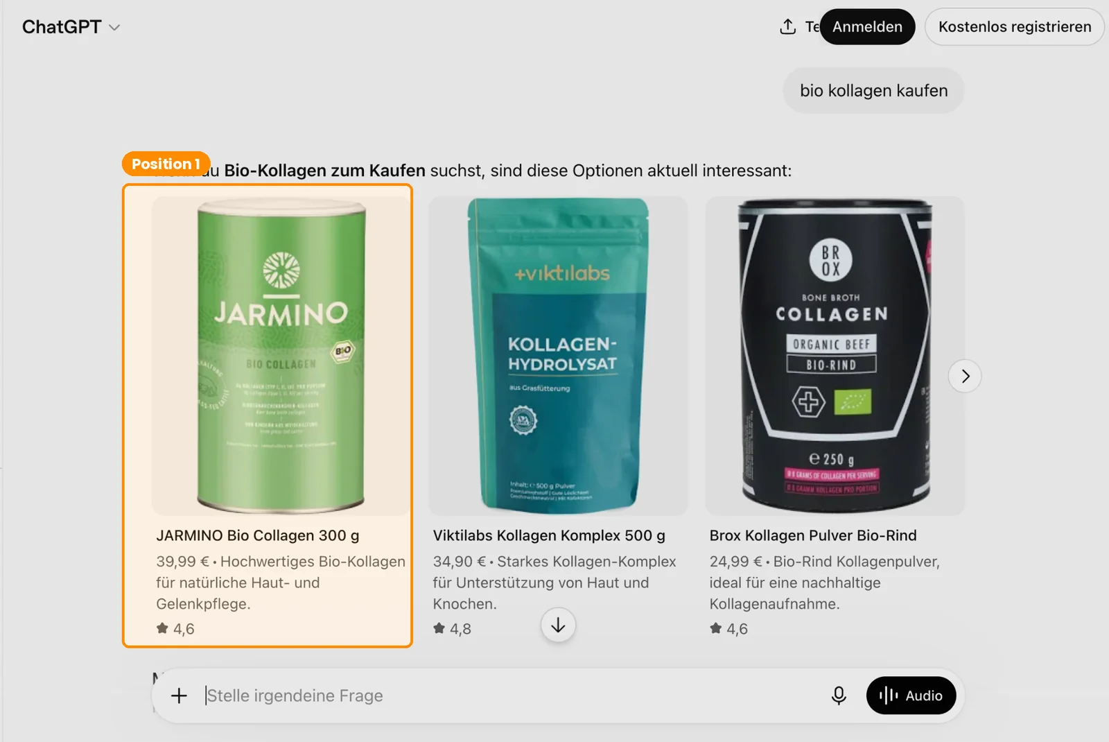 ChatGPT-Produktkarussell zu „bio kollagen kaufen“, markiert: JARMINO auf Position 1