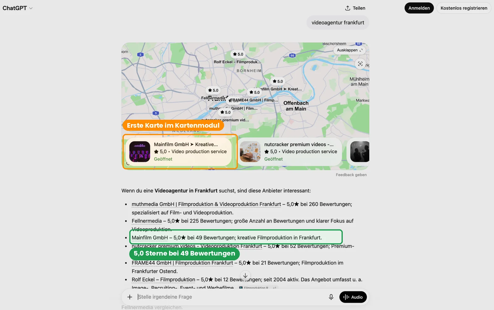 ChatGPT-Antwort zu „videoagentur frankfurt“, markiert: Mainfilm als erste Karte und in der Anbieterliste