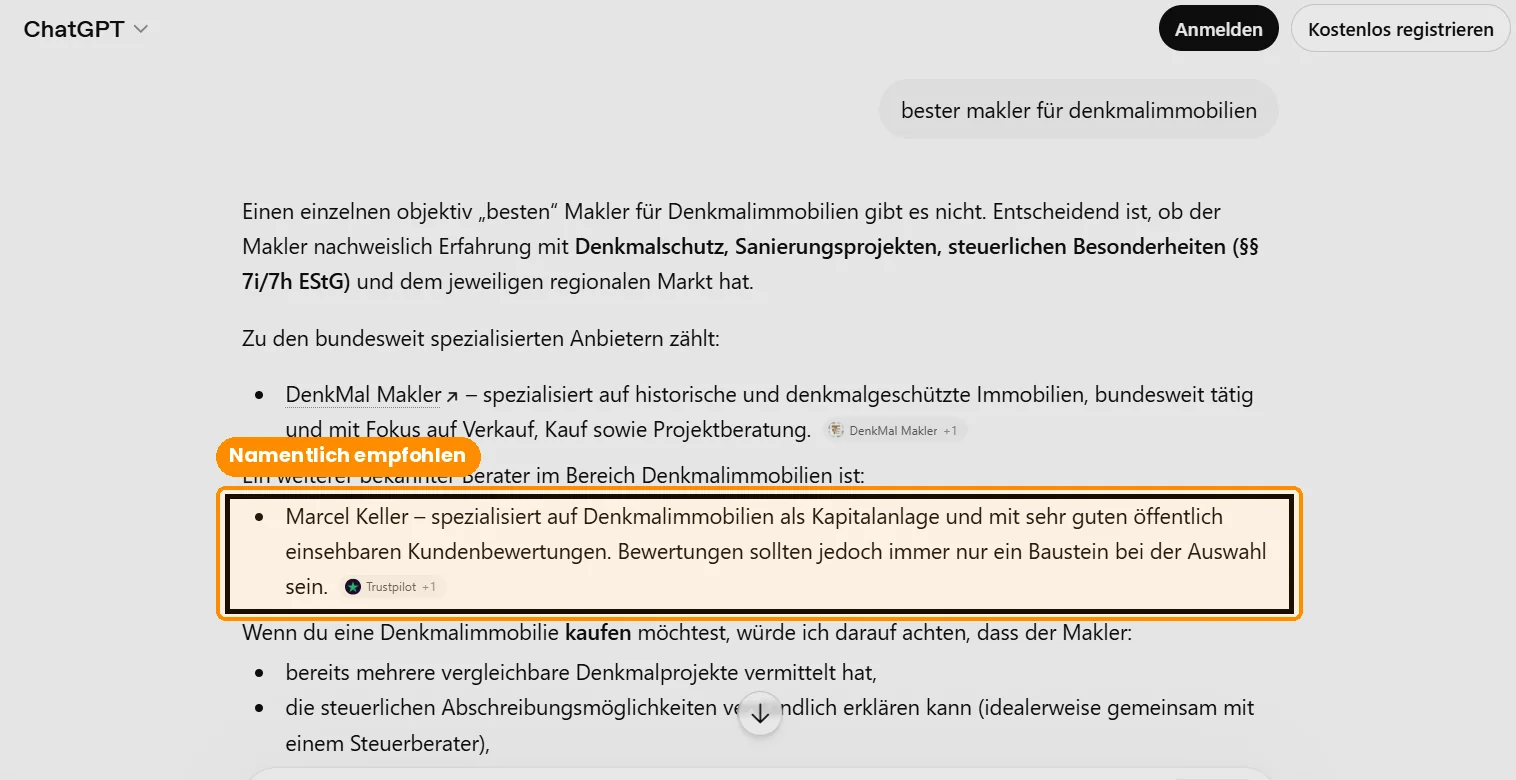 ChatGPT-Antwort, markiert: Marcel Keller namentlich empfohlen mit Trustpilot als Quelle