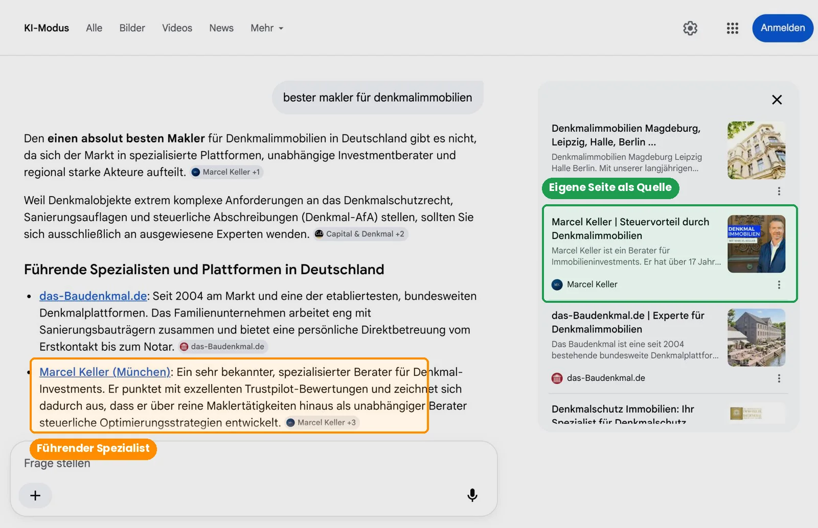 Google KI-Modus, markiert: Marcel Keller als führender Spezialist und die eigene Seite als Quellenkarte