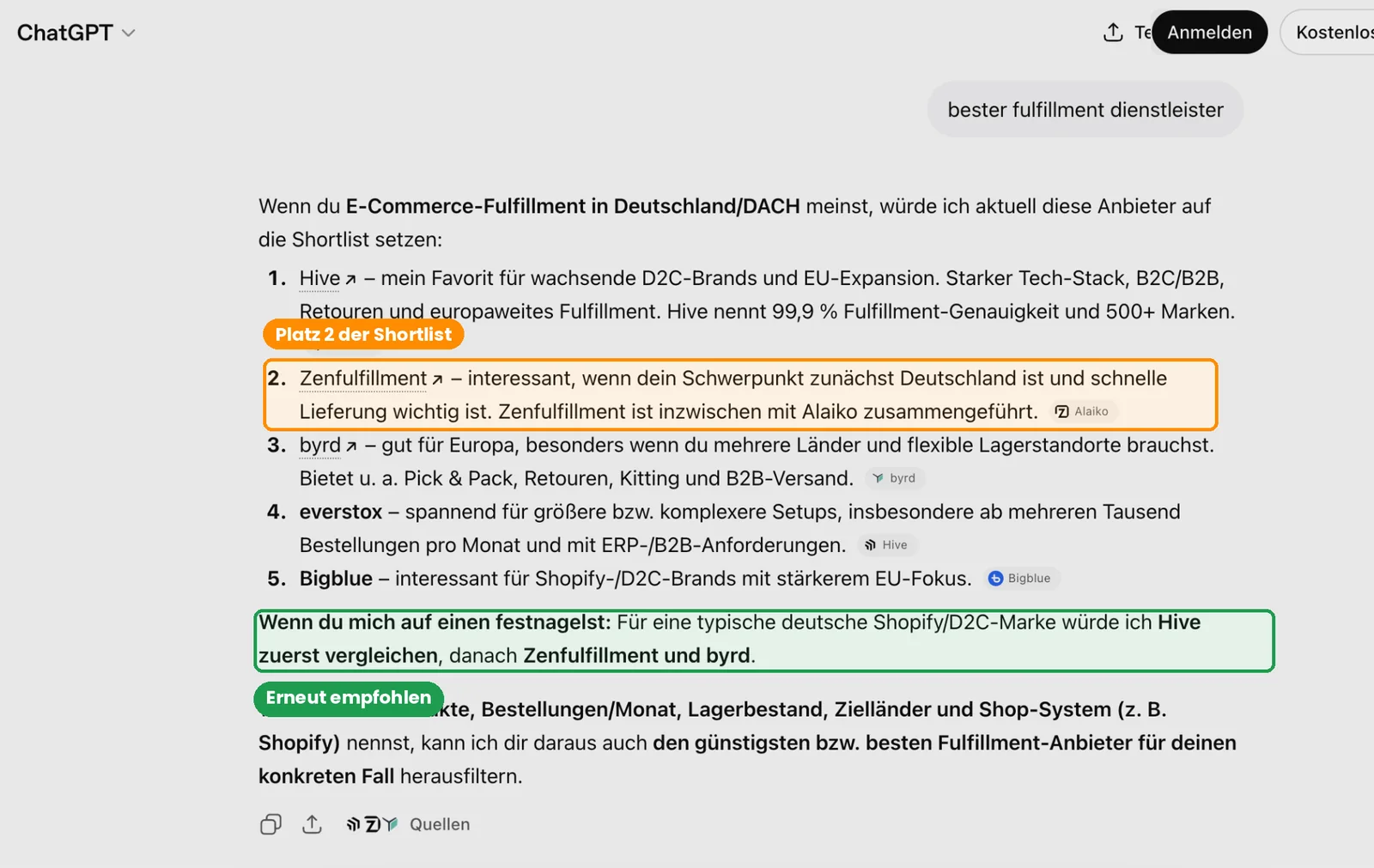 ChatGPT-Anbieterliste, markiert: Zenfulfillment auf Platz 2 und erneut in der Schlussempfehlung