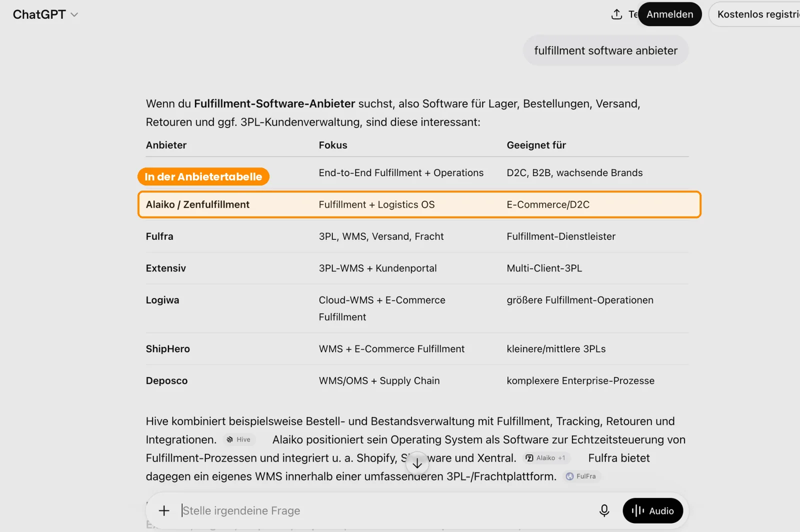 ChatGPT-Anbietertabelle zu Fulfillment-Software, markiert: Alaiko / Zenfulfillment