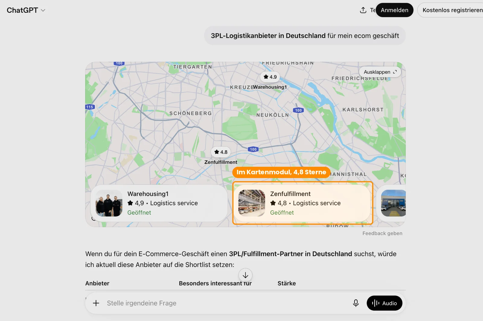 ChatGPT-Kartenmodul zu 3PL-Anbietern, markiert: Zenfulfillment mit 4,8 Sternen