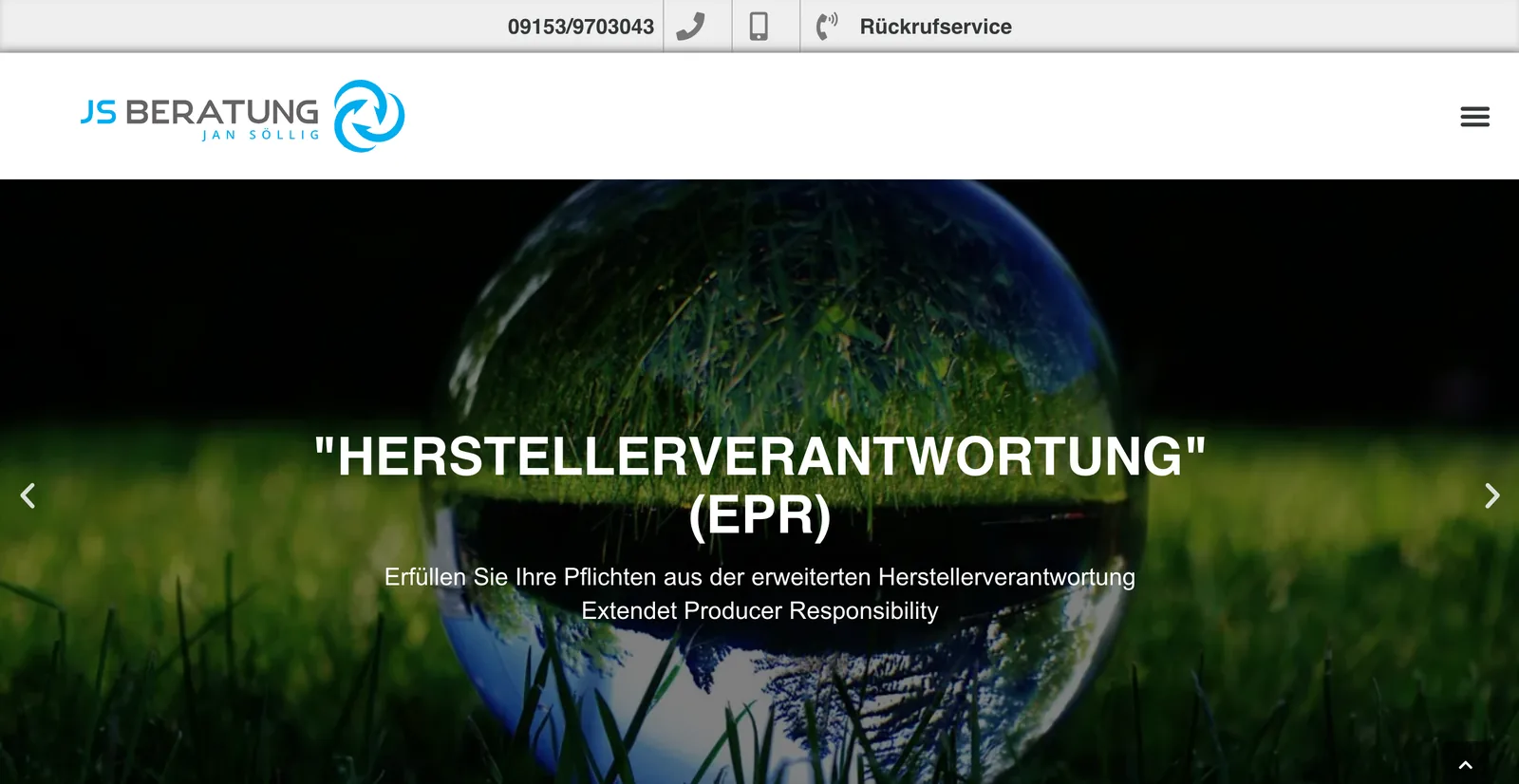 Startseite von jsberatung.com mit Hero-Bereich zur Herstellerverantwortung (EPR)