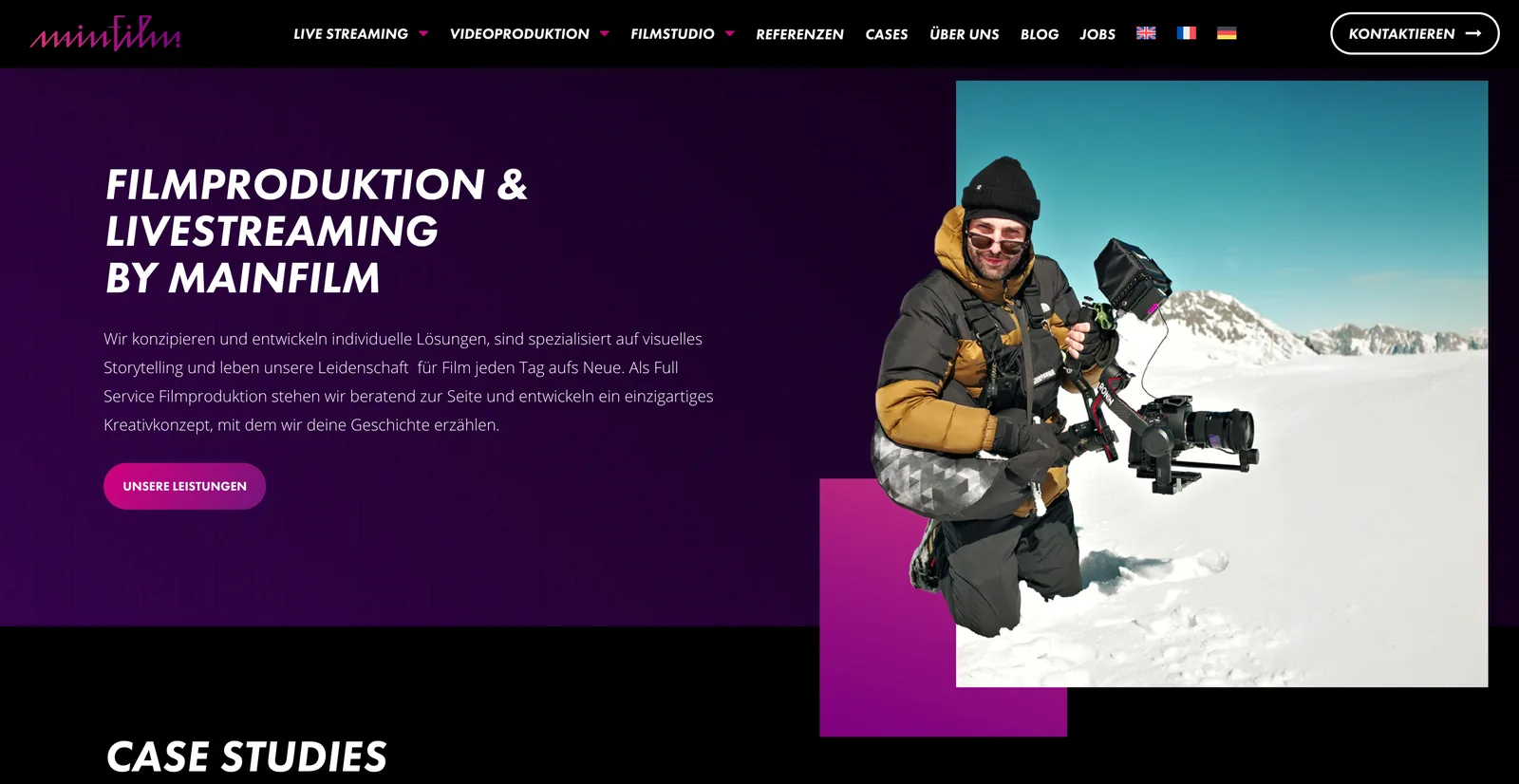 Startseite von mainfilm.tv mit Hero-Bereich zur Filmproduktion und Livestreaming