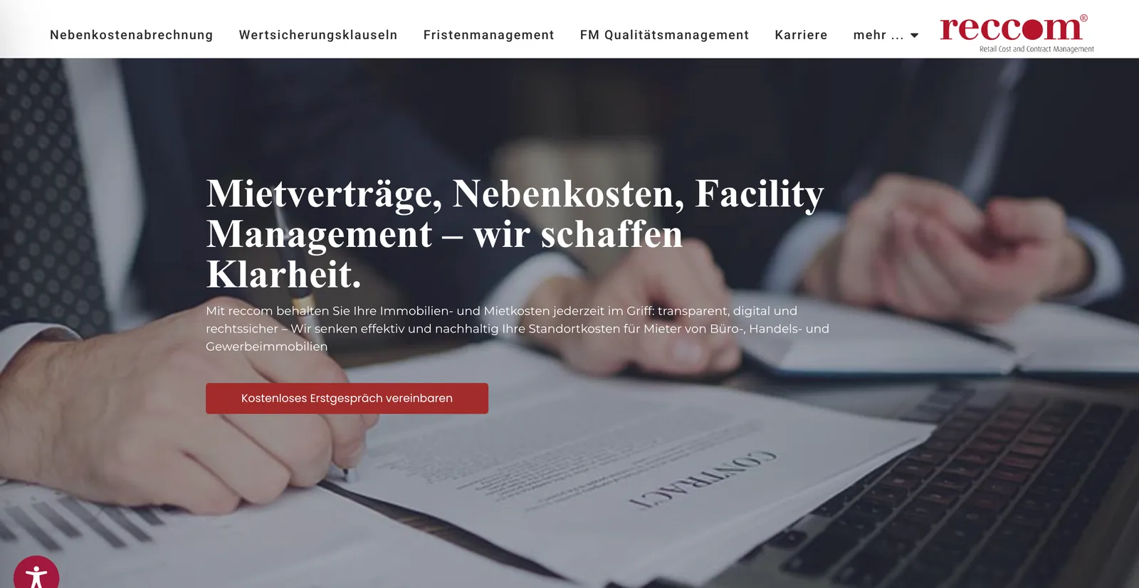 Startseite von reccom.de mit Hero-Bereich zu Mietverträgen, Nebenkosten und Facility Management