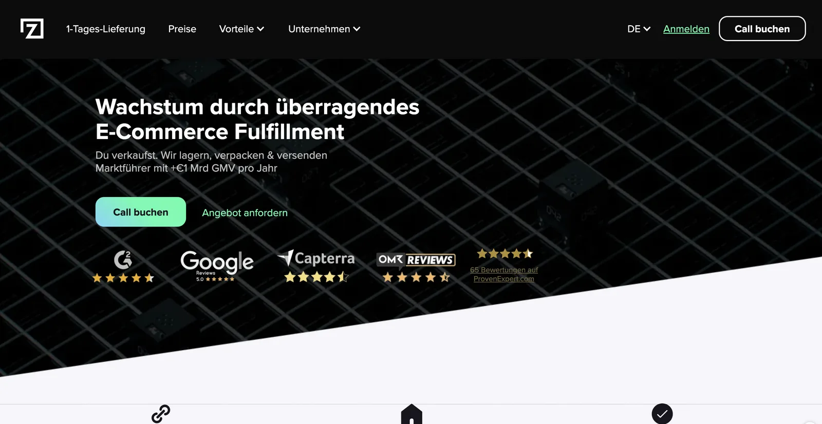 Startseite von zenfulfillment.com mit Hero-Bereich zum E-Commerce-Fulfillment